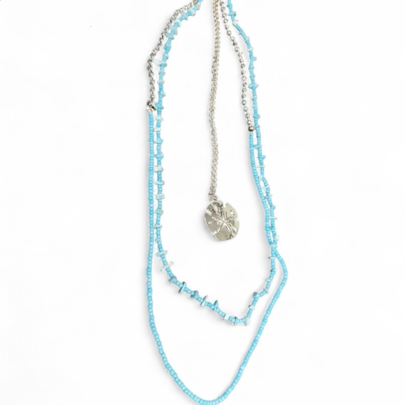 Boho Silver-Tone Sand Dollar and Turquoise Beaded Layered Necklace - Picture 3 of 5